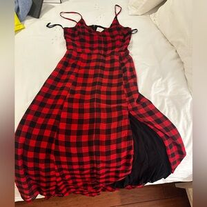 Line and dot Red and Black Plaid Dress